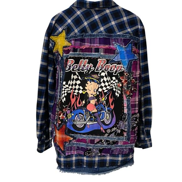 Upcycled Flannel Shirt Shacket Womens 1X Boop Motorcycle Grunge Patchwork Art - Picture 13 of 16